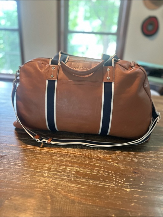 Coach Other - Coach Tan Leather Duffel with Navy and White Straps